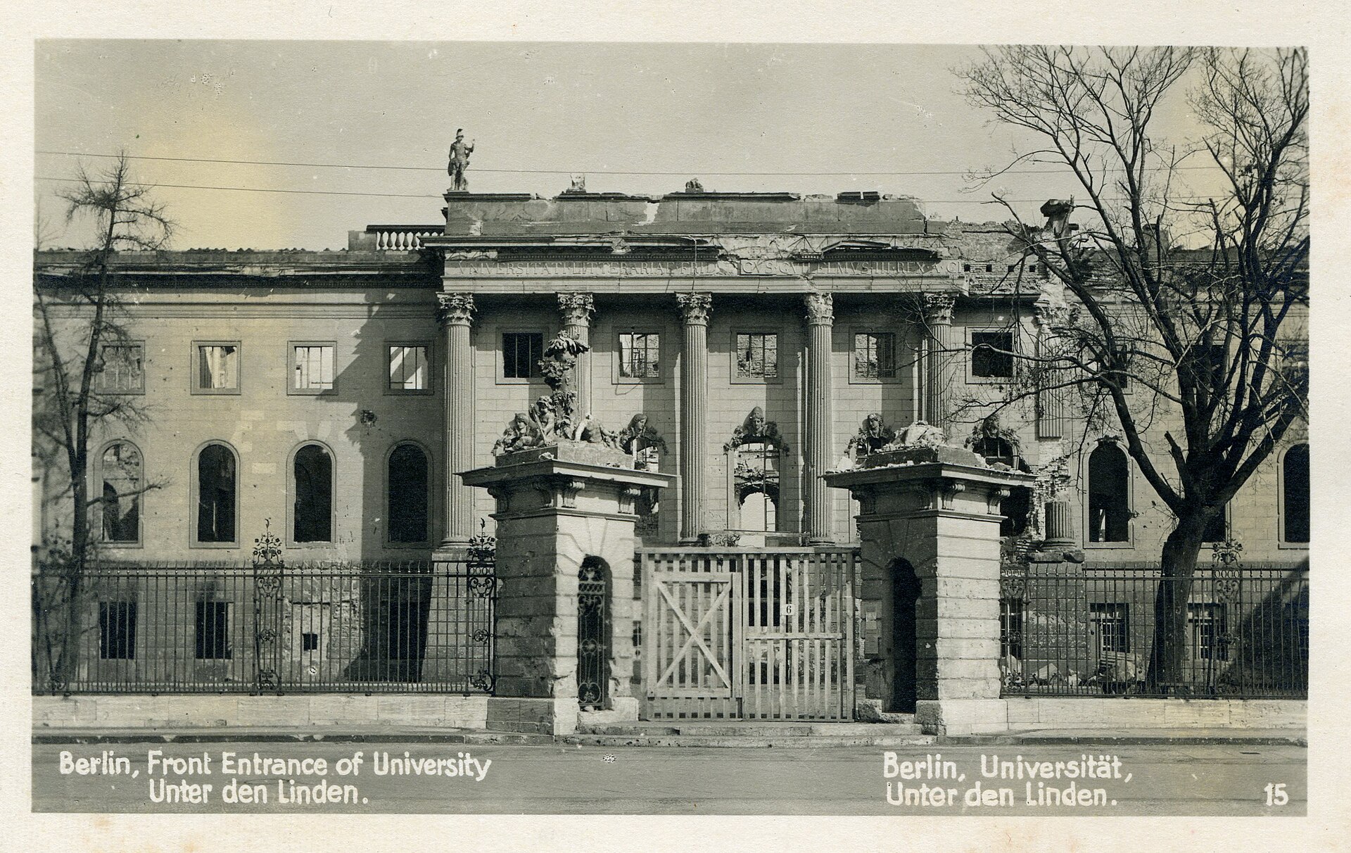 Berlin – War-damaged Humboldt University, Unter den Linden, 1945 — original card photograph