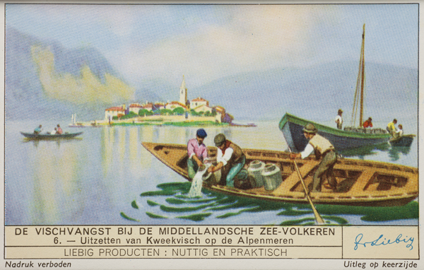 Liebig chromo trade card – stocking fish in Alpine lakes, 1939 — original card photograph