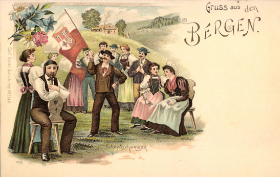 Switzerland – "Gruss aus den Bergen" flag-throwing card, before 1905 — original card photograph